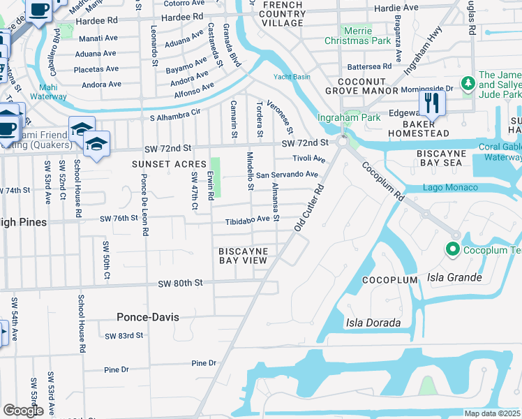 map of restaurants, bars, coffee shops, grocery stores, and more near 702 Tibidabo Avenue in Coral Gables