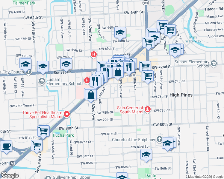 map of restaurants, bars, coffee shops, grocery stores, and more near 7540 Southwest 59th Court in South Miami