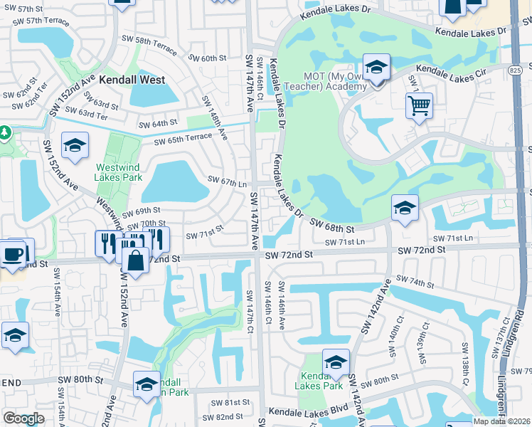 map of restaurants, bars, coffee shops, grocery stores, and more near 6907 Southwest 147th Avenue in Miami