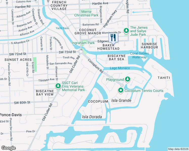 map of restaurants, bars, coffee shops, grocery stores, and more near 7300 Los Pinos Boulevard in Coral Gables
