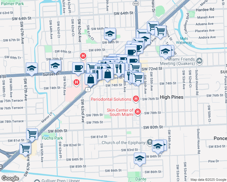 map of restaurants, bars, coffee shops, grocery stores, and more near 7541 Southwest 59th Avenue in South Miami