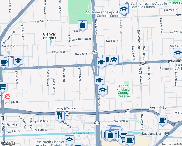 map of restaurants, bars, coffee shops, grocery stores, and more near 7747 Southwest 74th Lane in Miami