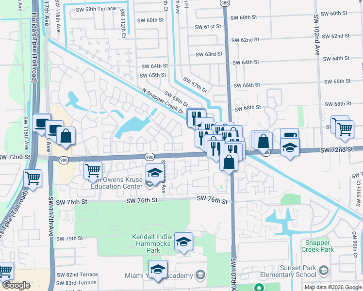 map of restaurants, bars, coffee shops, grocery stores, and more near 7137 Southwest 109th Court in Miami