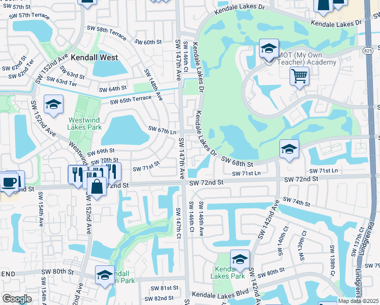 map of restaurants, bars, coffee shops, grocery stores, and more near 6907 Southwest 147th Avenue in Miami