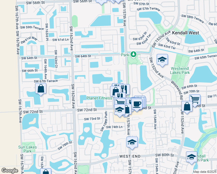 map of restaurants, bars, coffee shops, grocery stores, and more near 15849 Southwest 69th Lane in Miami
