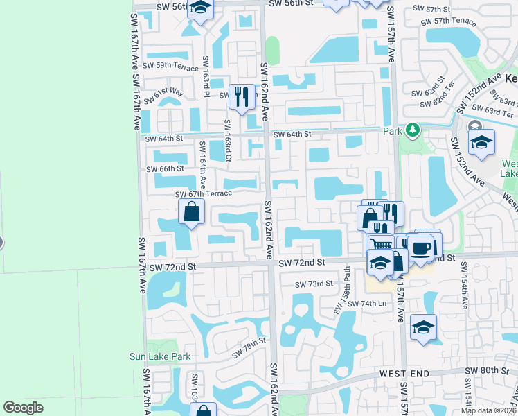 map of restaurants, bars, coffee shops, grocery stores, and more near 6911 Southwest 162nd Court in Miami