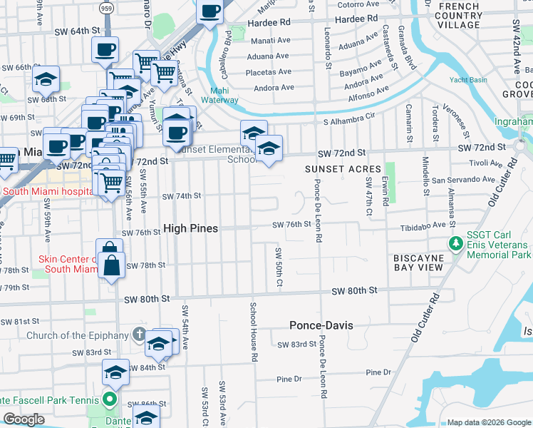 map of restaurants, bars, coffee shops, grocery stores, and more near 5020 Southwest 76th Street in Miami