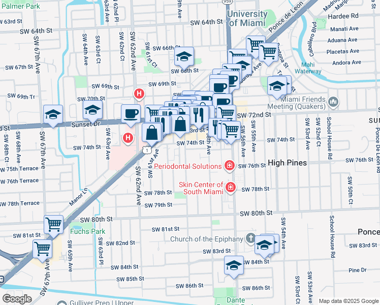 map of restaurants, bars, coffee shops, grocery stores, and more near 7541 Southwest 59th Avenue in South Miami