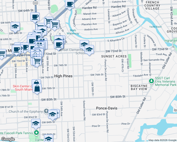 map of restaurants, bars, coffee shops, grocery stores, and more near 5020 Southwest 76th Street in Miami