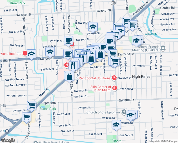 map of restaurants, bars, coffee shops, grocery stores, and more near 5965 Southwest 76th Street in South Miami