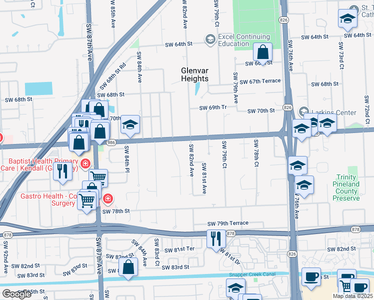map of restaurants, bars, coffee shops, grocery stores, and more near 7308 Southwest 82nd Avenue in Miami