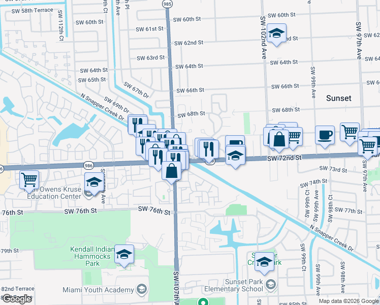 map of restaurants, bars, coffee shops, grocery stores, and more near 7023 Southwest 106th Place in Miami