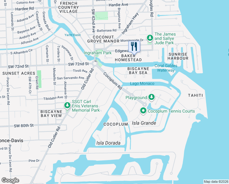 map of restaurants, bars, coffee shops, grocery stores, and more near 7111 Los Pinos Boulevard in Coral Gables