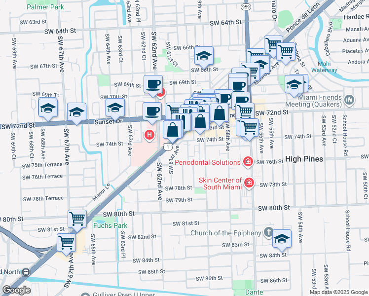 map of restaurants, bars, coffee shops, grocery stores, and more near 5966 South Dixie Highway in South Miami