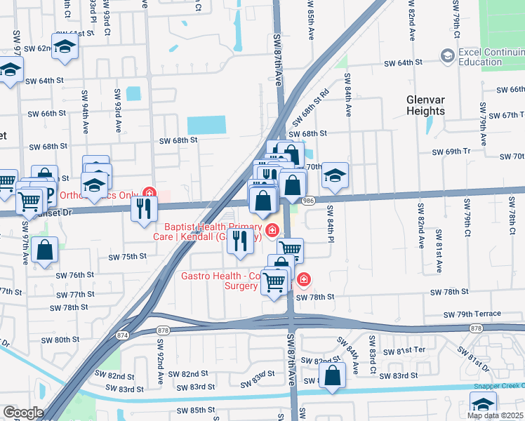 map of restaurants, bars, coffee shops, grocery stores, and more near 8755 Sunset Drive in Miami