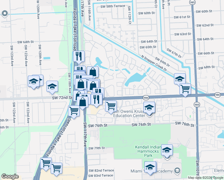 map of restaurants, bars, coffee shops, grocery stores, and more near 7014 Southwest 114th Place in Miami