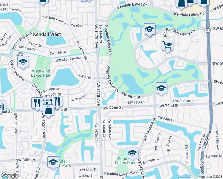 map of restaurants, bars, coffee shops, grocery stores, and more near 6861 Southwest 147th Avenue in Miami