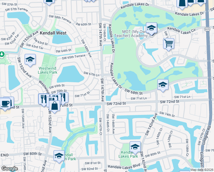 map of restaurants, bars, coffee shops, grocery stores, and more near 6821 Southwest 147th Avenue in Miami