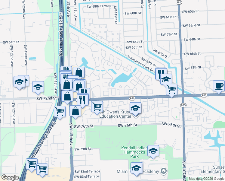 map of restaurants, bars, coffee shops, grocery stores, and more near 7103 Southwest 113th Court in Miami