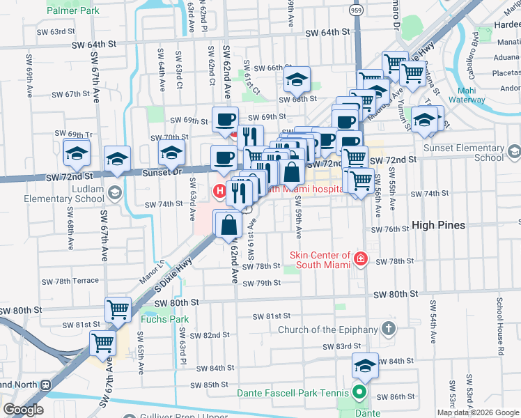 map of restaurants, bars, coffee shops, grocery stores, and more near 6112 South Dixie Highway in South Miami