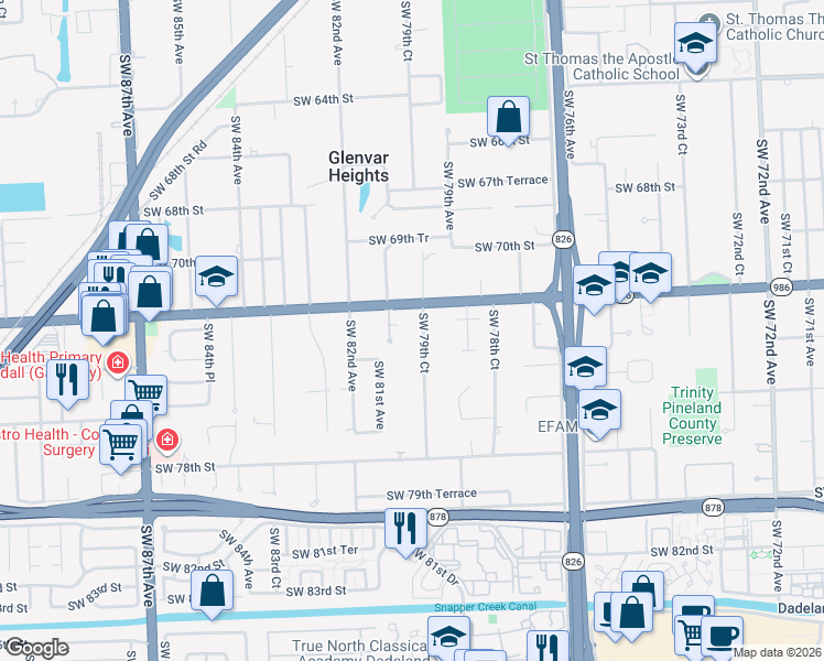 map of restaurants, bars, coffee shops, grocery stores, and more near 7200 Southwest 79th Court in Miami