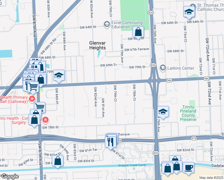 map of restaurants, bars, coffee shops, grocery stores, and more near 7200 Southwest 79th Court in Miami