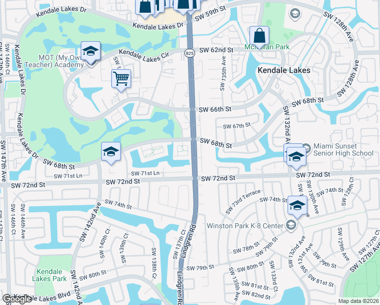 map of restaurants, bars, coffee shops, grocery stores, and more near 13708 Kendale Lakes Drive in Miami