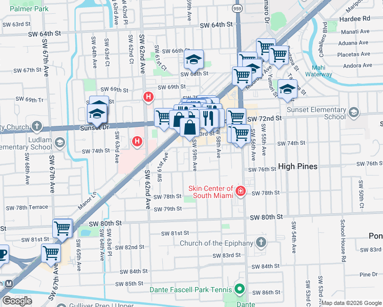 map of restaurants, bars, coffee shops, grocery stores, and more near 5864 Southwest 73rd Street in South Miami