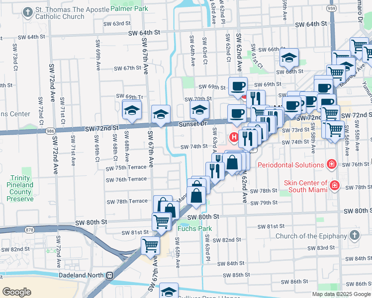map of restaurants, bars, coffee shops, grocery stores, and more near 7321 Southwest 64th Court in South Miami