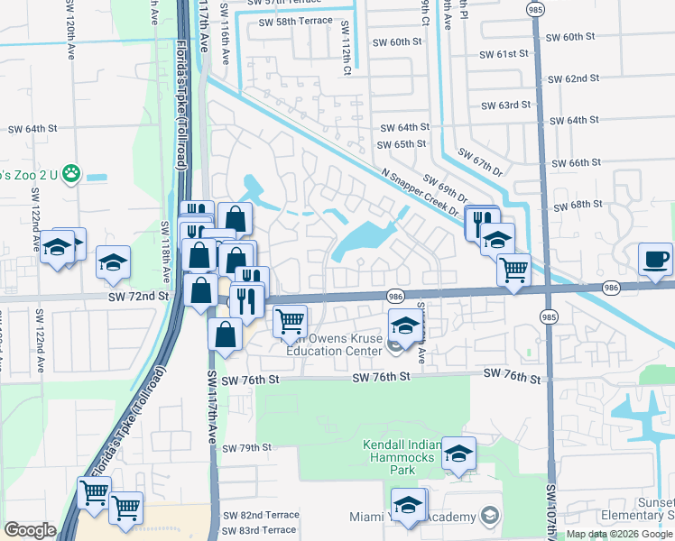 map of restaurants, bars, coffee shops, grocery stores, and more near 11200 Southwest 71st Street in Miami