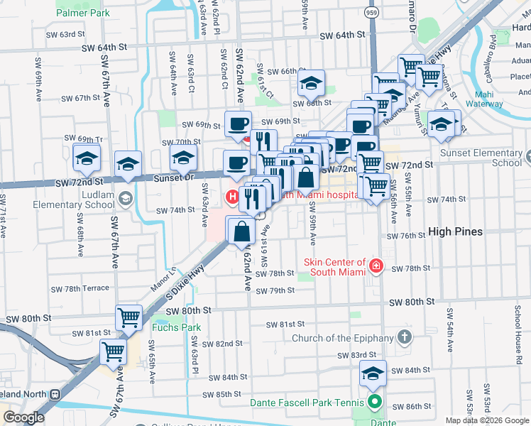 map of restaurants, bars, coffee shops, grocery stores, and more near 6112 South Dixie Highway in South Miami