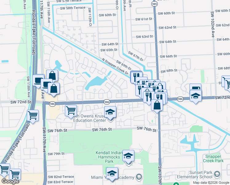 map of restaurants, bars, coffee shops, grocery stores, and more near 11043 Southwest 70th Lane in Miami
