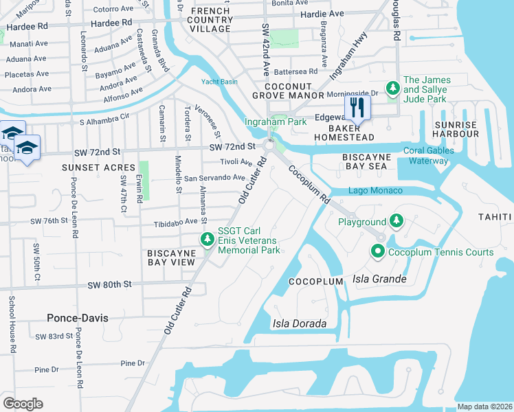 map of restaurants, bars, coffee shops, grocery stores, and more near 7275 Old Cutler Road in Coral Gables