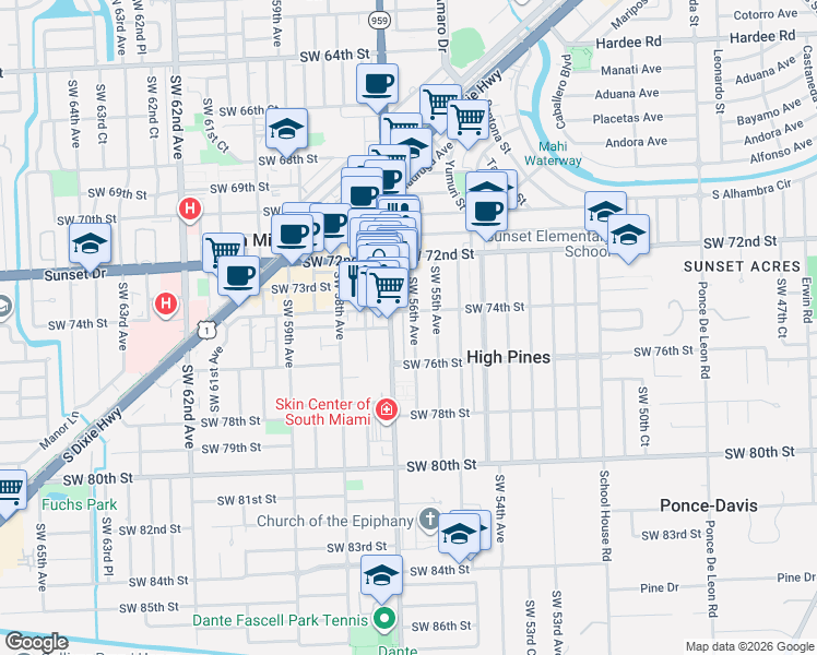map of restaurants, bars, coffee shops, grocery stores, and more near 7401 Southwest 56th Avenue in Miami