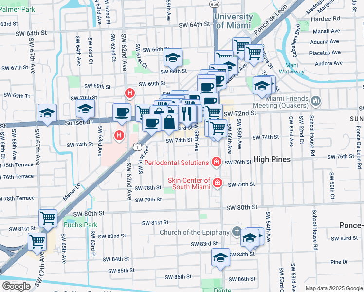 map of restaurants, bars, coffee shops, grocery stores, and more near 5864 Southwest 73rd Street in South Miami