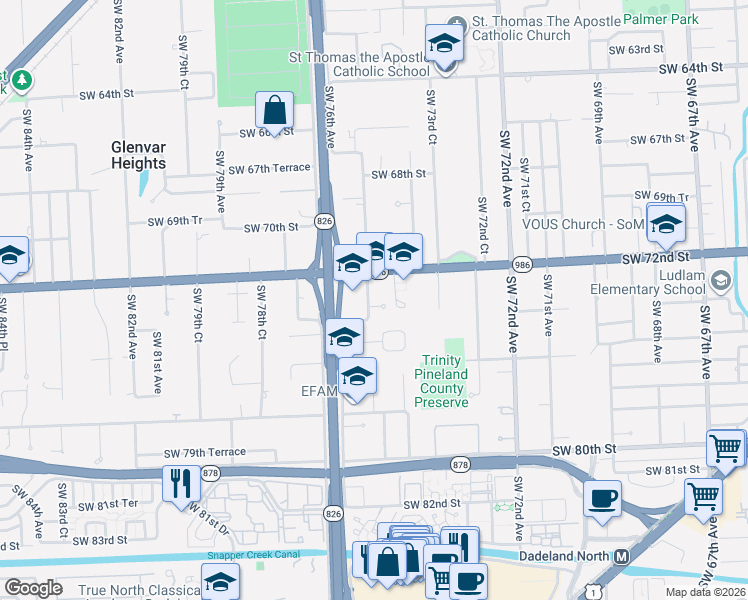 map of restaurants, bars, coffee shops, grocery stores, and more near 7500 Sunset Drive in Miami