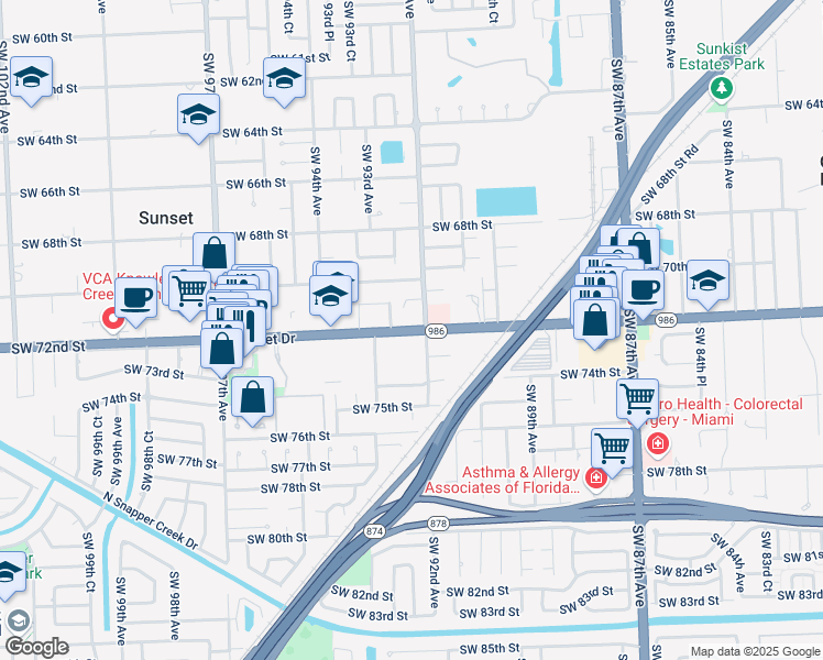 map of restaurants, bars, coffee shops, grocery stores, and more near 9230 Southwest 71st Street in Miami