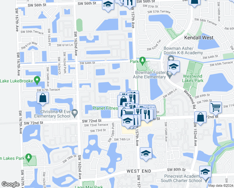 map of restaurants, bars, coffee shops, grocery stores, and more near 15855 Southwest 68th Terrace in Miami