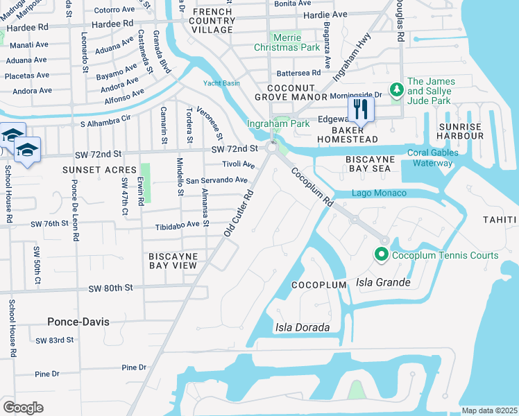 map of restaurants, bars, coffee shops, grocery stores, and more near 7275 Old Cutler Road in Coral Gables