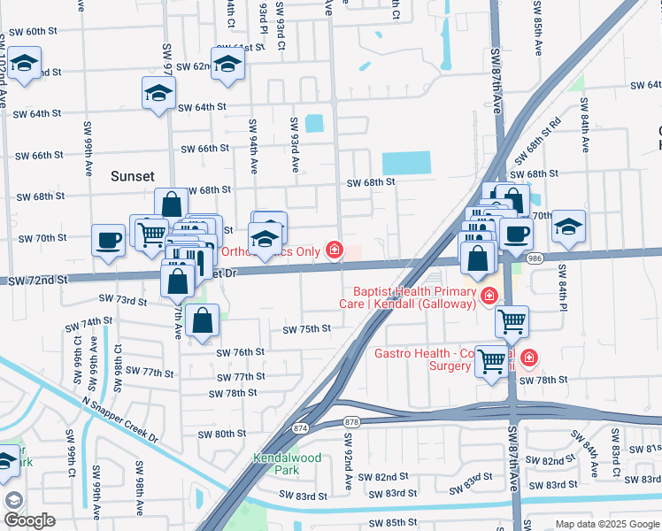 map of restaurants, bars, coffee shops, grocery stores, and more near 9211 Sunset Drive in Miami