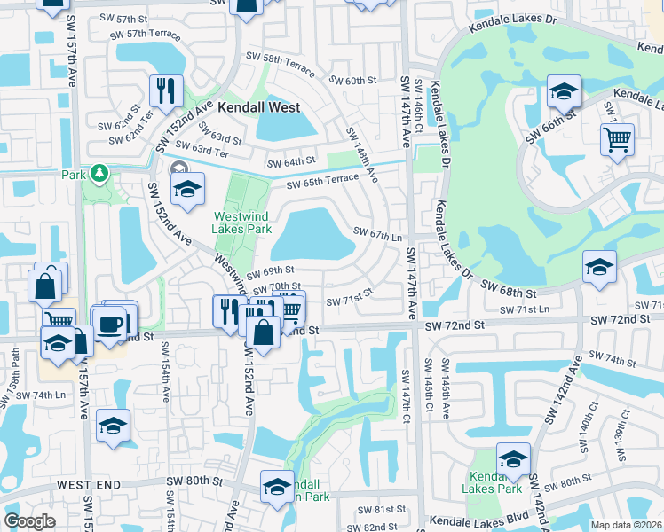 map of restaurants, bars, coffee shops, grocery stores, and more near 14861 Southwest 69th Street in Miami