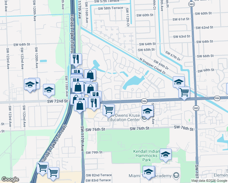 map of restaurants, bars, coffee shops, grocery stores, and more near 11343 Southwest 70th Terrace in Miami