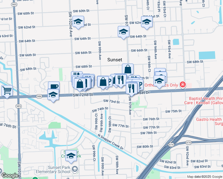 map of restaurants, bars, coffee shops, grocery stores, and more near 7101 Southwest 99th Avenue in Miami