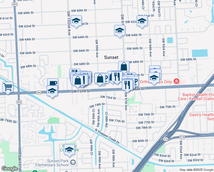 map of restaurants, bars, coffee shops, grocery stores, and more near 7101 Southwest 99th Avenue in Miami