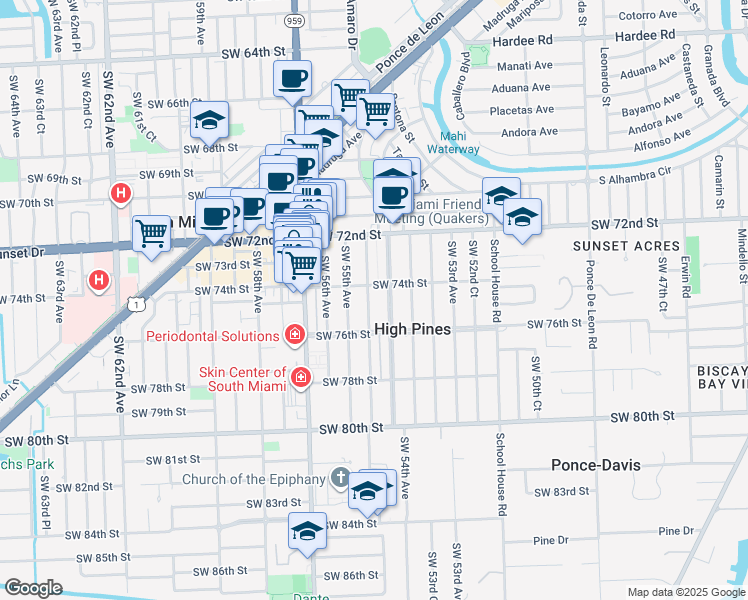 map of restaurants, bars, coffee shops, grocery stores, and more near 7421 Southwest 54th Court in Miami