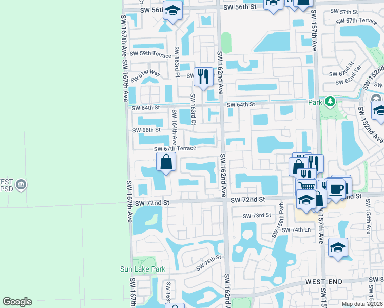map of restaurants, bars, coffee shops, grocery stores, and more near 16324 Southwest 67th Terrace in Miami
