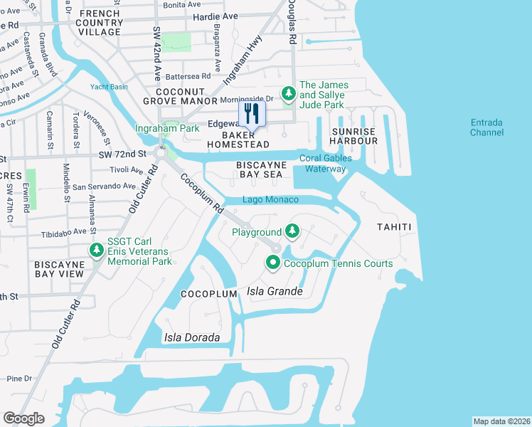 map of restaurants, bars, coffee shops, grocery stores, and more near 6980 Mira Flores Avenue in Coral Gables