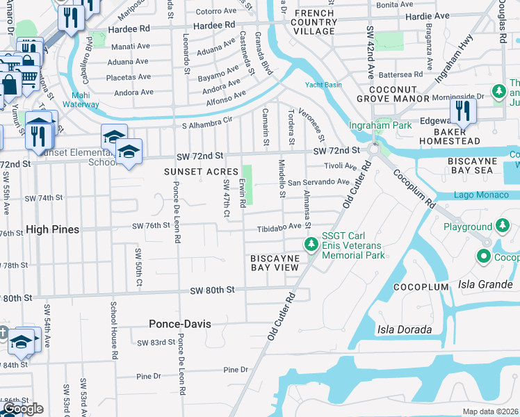 map of restaurants, bars, coffee shops, grocery stores, and more near 4680 Southwest 74th Street in Coral Gables
