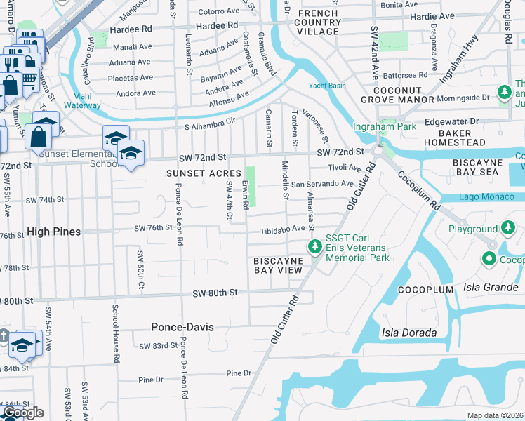 map of restaurants, bars, coffee shops, grocery stores, and more near 4680 Southwest 74th Street in Coral Gables