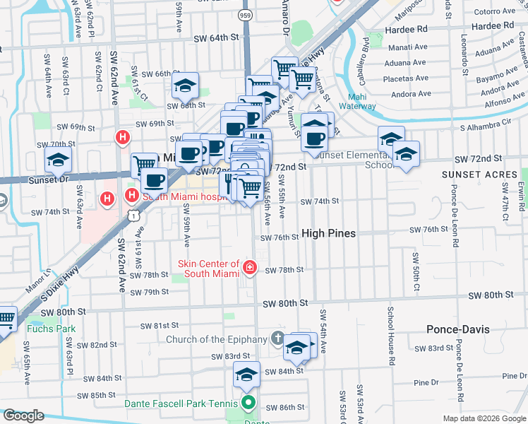 map of restaurants, bars, coffee shops, grocery stores, and more near 7401 Southwest 56th Avenue in Miami